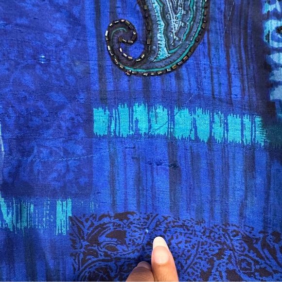 Vntg Chico's Design Silk Raw Blue Paisley Beaded Button Up Jacket Blouse Sz 1 - Picture 10 of 10